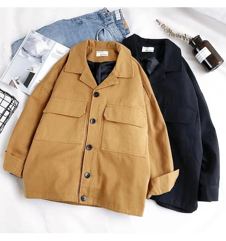 Obrix Female Autumn Spring Loose Casual Style Jacket Square Collar V-Neck Full Sleeve Buttons Pockets Streetwear Jacket