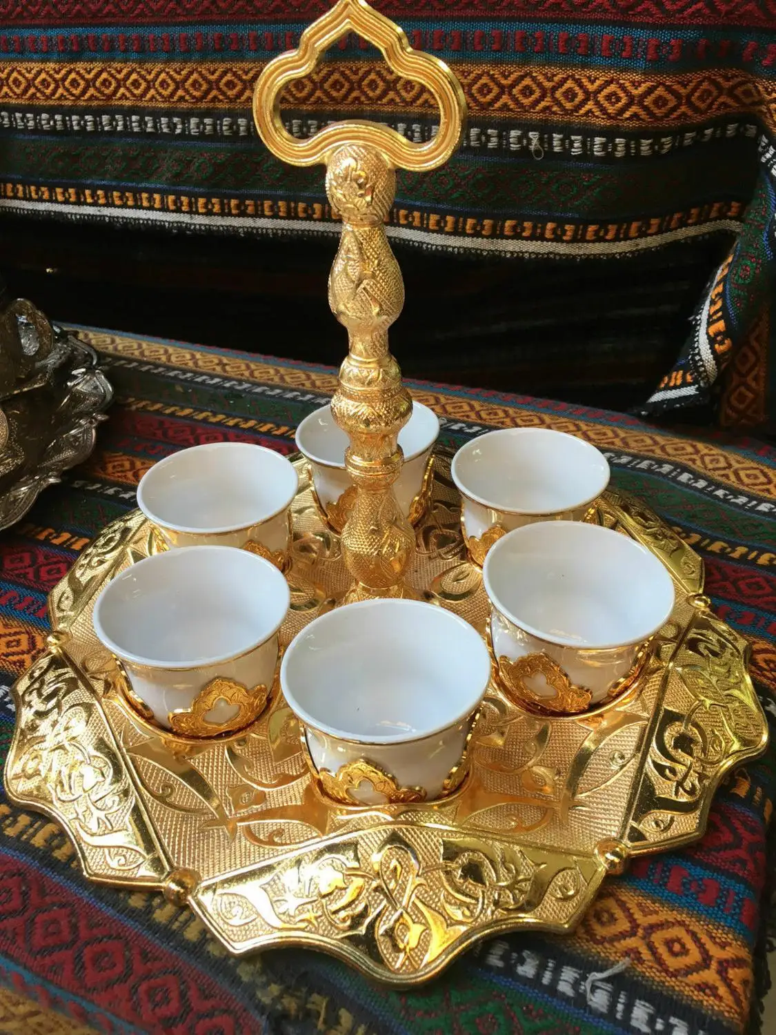 

Copper Turkish Coffee Espresso Serving Set Ottoman Coffee Cup Tray with handle