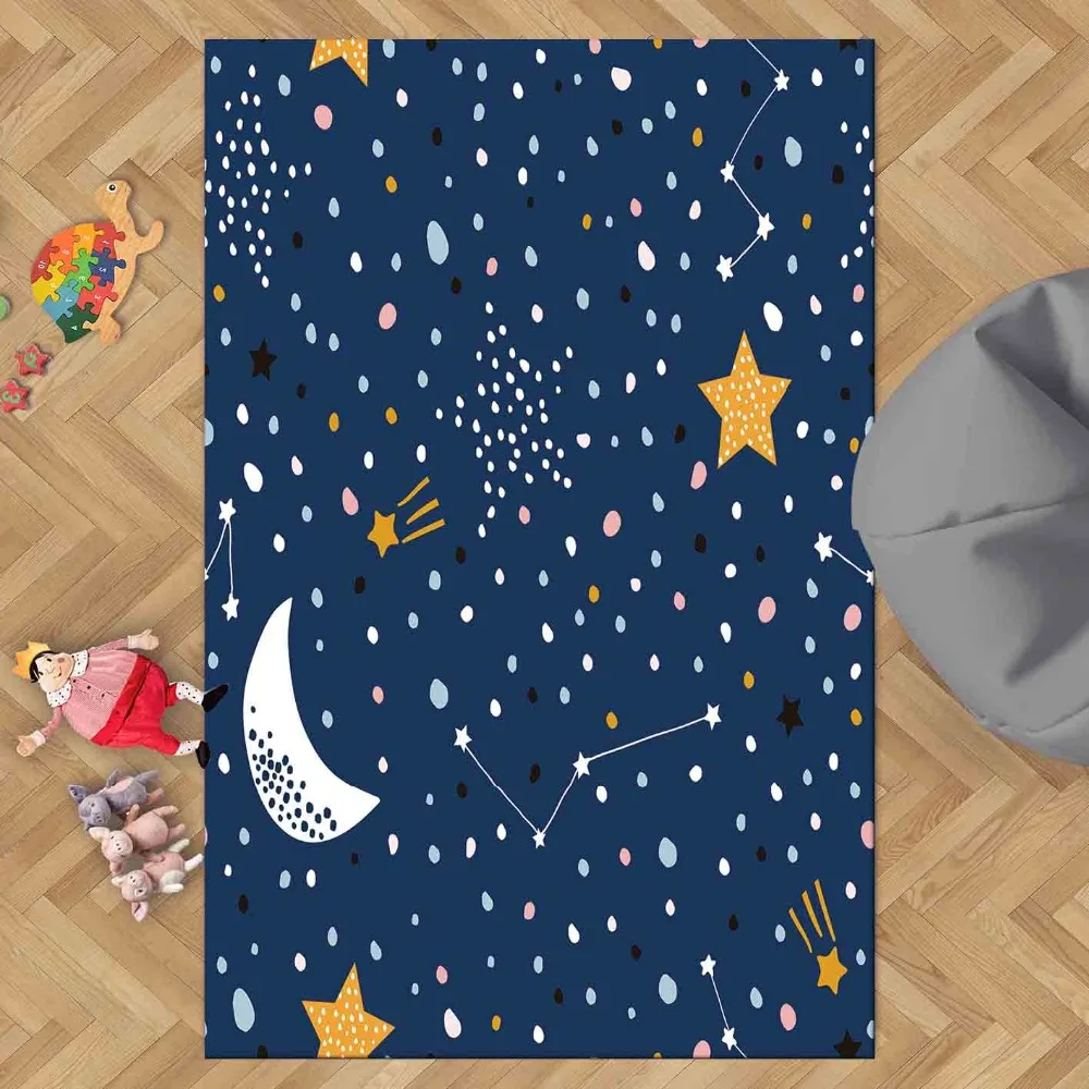 Else, темно-синий, белый, луна, желтый, звезды, космическая ночь, 3d принт, нескользящая микрофибра, для детской комнаты, декоративный коврик, детский коврик