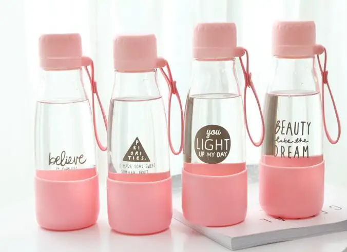 Techome Розовая прозрачная стеклянная бутылка с водой переносная Питьевая Бутылка Студенческая девочка детская бутылка для воды