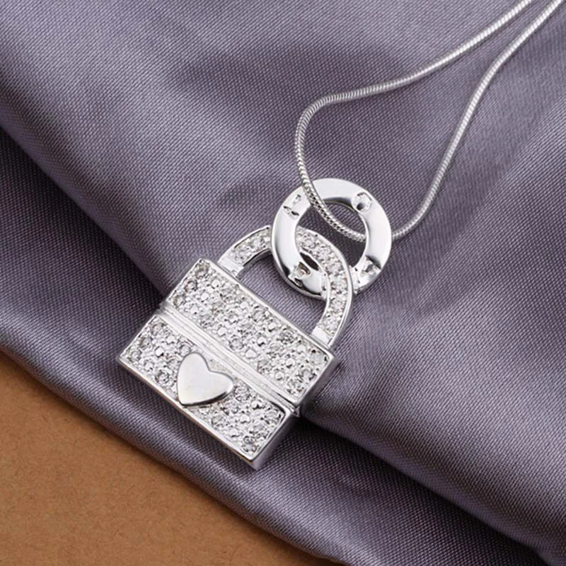 Love lock Pendant Necklace 925 sterling silver jewelry zircon inlaid