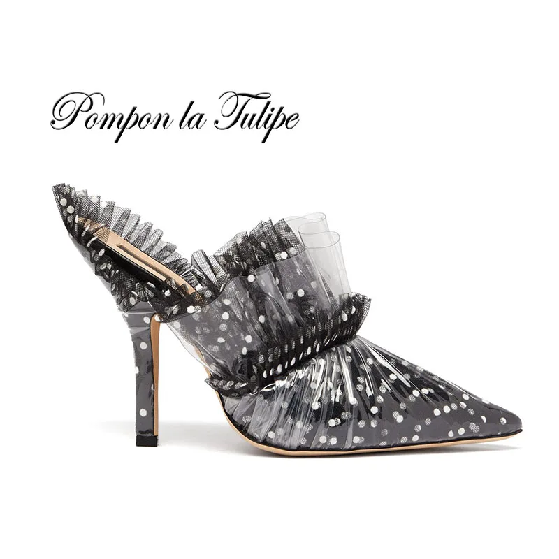 

PLT 19010 Polka Dots PVC&Mesh Decorated Colorful Fashion Show Stylish Genuine Leather Sandals Chic Women Shoes Party Wedding