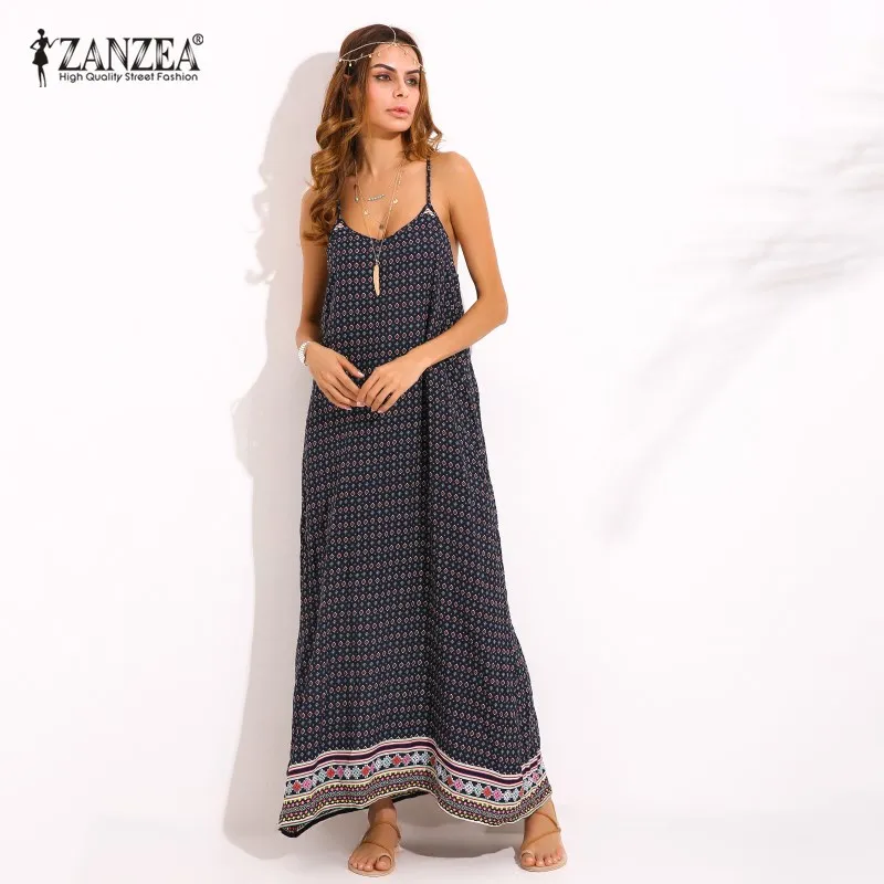 

ZANZEA Womens Summer V Neck Sexy Spaghetti Strap Sleeveless Floral Print Backless Summer Beach Maxi Long Dress Plus Size