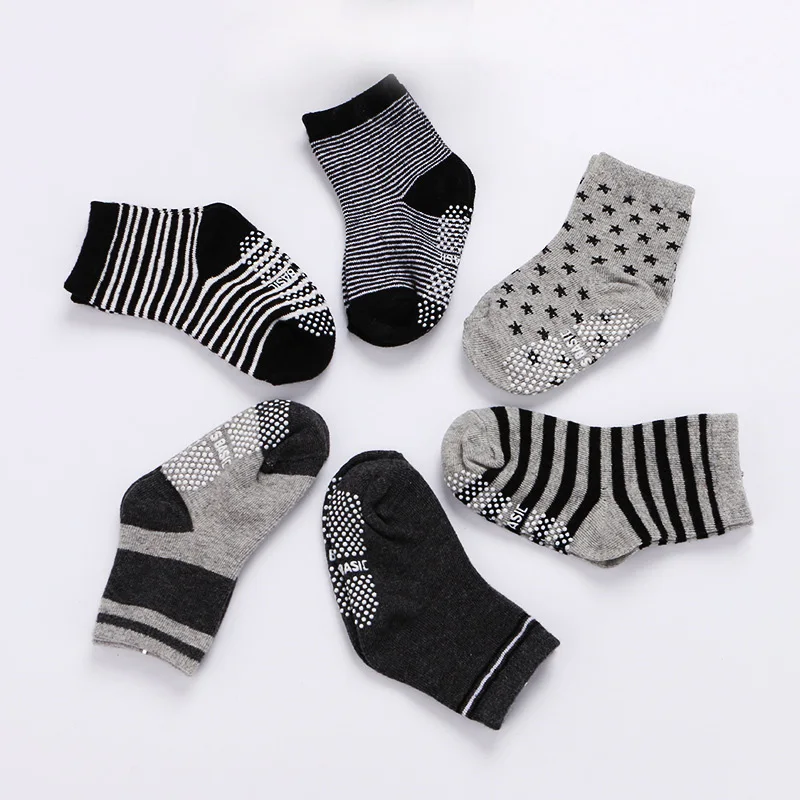 

6 Pairs Assorted Non Skid Ankle Cotton Socks Baby Toddler Anti Slip Stripes Sock