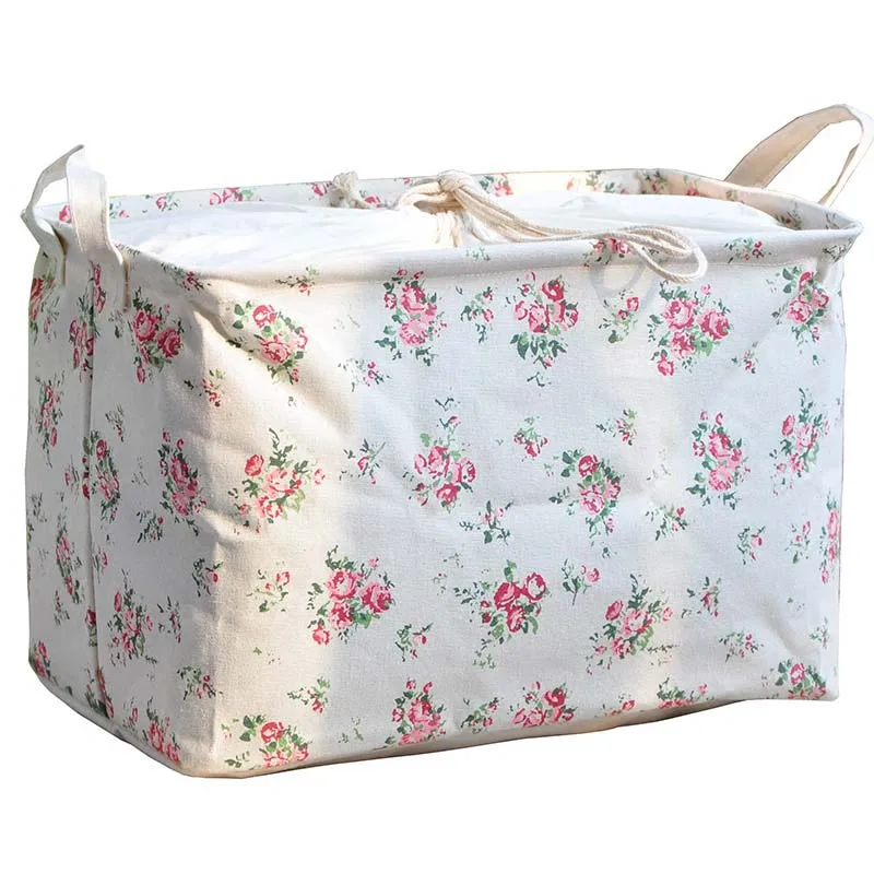 

Cotton and Linen Dot Stripe Flower Picnic Laundry Storage Basket with Cover Large Capacity Dirty Clothes Kids Toys Organizer