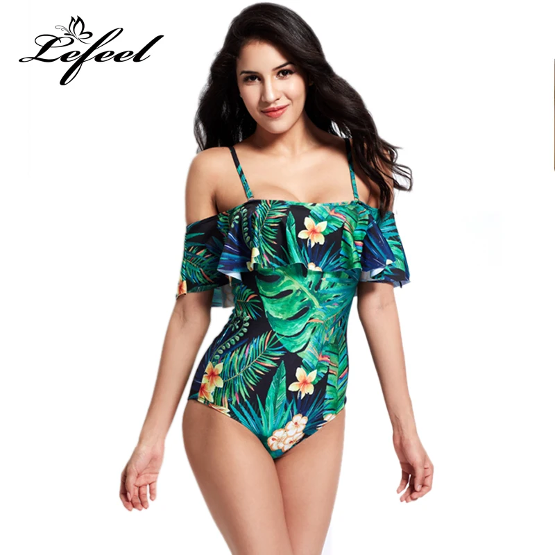 Lefeel One-Piece Suits Print Bathing Suit 2018 Women Sexy Leaf Shoulder Bandage Monokini Swimwear Biquini XXL | Спорт и развлечения