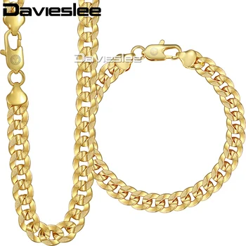 

Davieslee Womens Mens Chain Necklace Bracelet Hammered Curb Cuban Link Rose Yellow White Gold Filled 9mm LGSM02