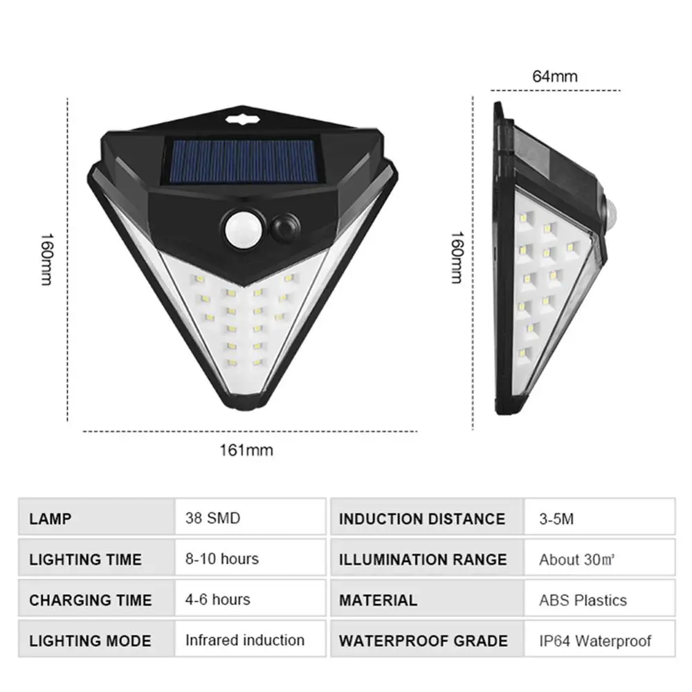 38LED солнечный датчик движения настенный водонепроницаемый садовый светильник двора уличная безопасность свет трехстороннее освещение широкая Зона освещения