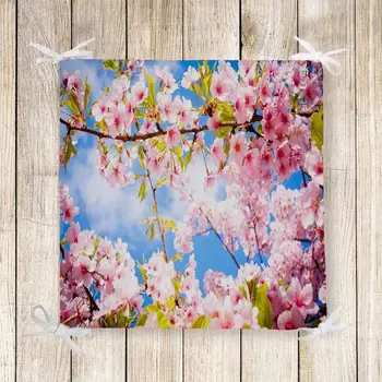 

Else Blue Sky Pink Flower Tree Branch 3d Print Square Chair Pad Seat Cushion Soft Memory Foam Full Lenght Ties Non Slip Washable