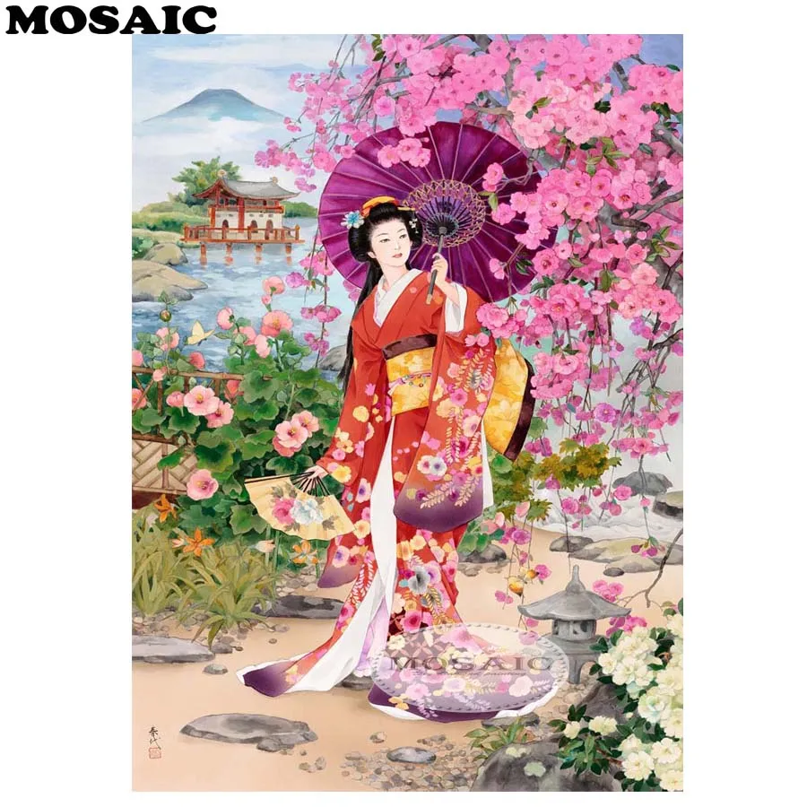 

MOSAIC Diy 5D Diamond Painting Cross Stitch,Japanese girl sakura Full Square Diamond Mosaic Kits Home Decor Diamond Embroidery