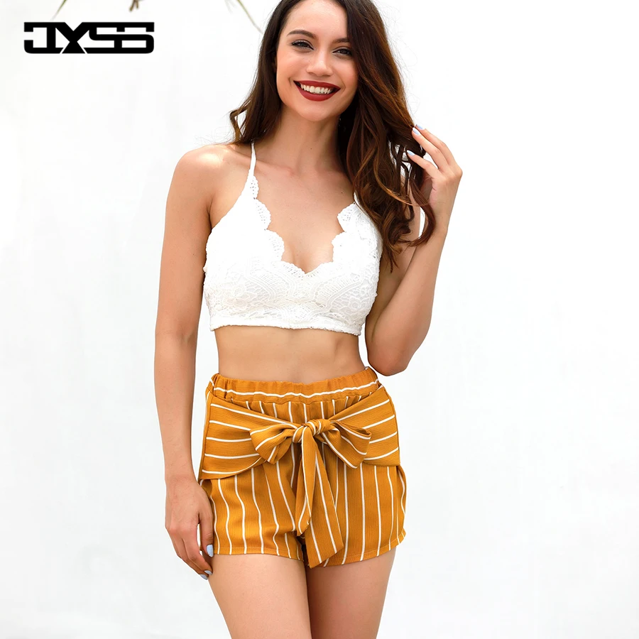 new summer seaside yellow striped shorts women bowknot belt mid elastic