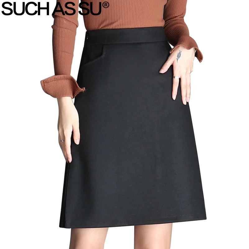 

SUCH AS SU New Women Fall Winter Woolen Skirts 2018 Black Brown Knee-Length High Waist A Line Skirt S-3XL Office Lady Wrap Skirt