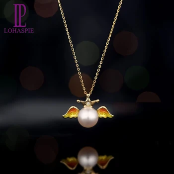 

LP Solid 18K Yellow Gold Natural Freshwater Pearl & Diamond & Enamel Angel Wing Pendant For Women's Pearl Jewelry Gift