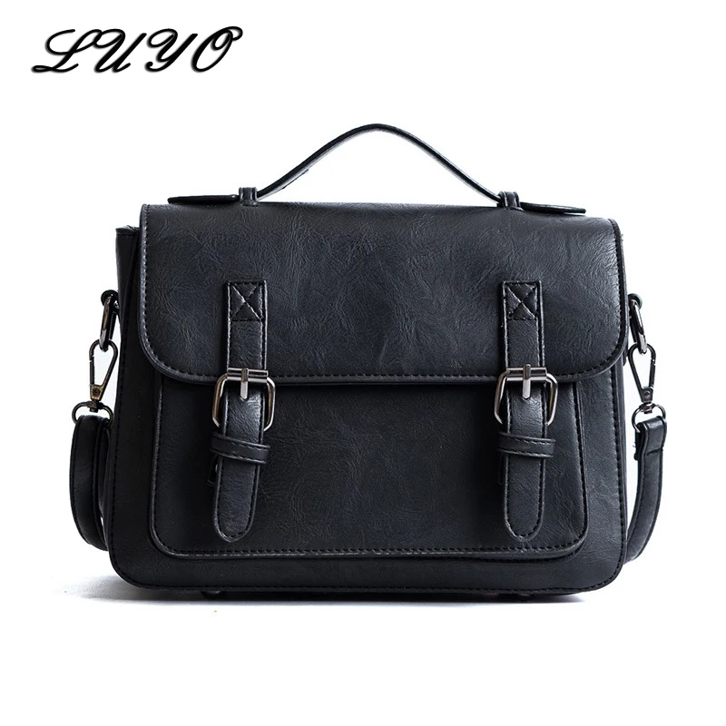 

LUYO Solid Color Vintage Postman Leather Women Messenger Bags Girl Shoulder Bags Female For Bag Designer Handbags High Quality