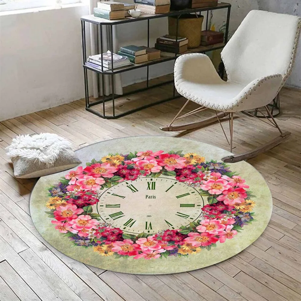 

Else Pink Yellow Roses Flowers Green Leaves Time Clock 3d Print Anti Slip Back Round Carpets Area Rug For Living Rooms Bathroom