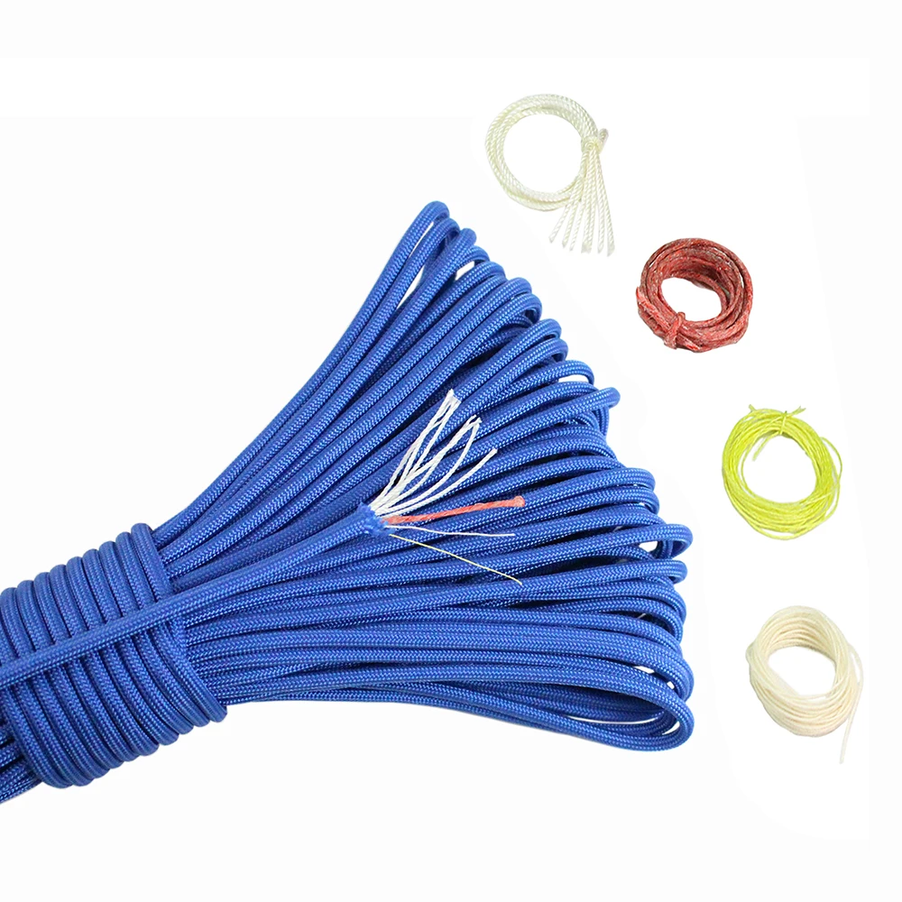 PSKOOK 100 50 20FT Paracord 550 7 + 3 النايلون السواحل EDC النار Paracord الأحمر مصبح الكتان الصيد خط القطن موضوع بقاء الحبال