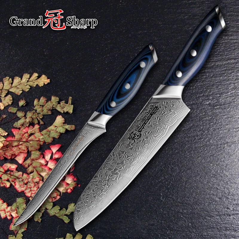 

GRANDSHARP Kitchen Knife Sets Pro Chef's Knives 67 layers vg10 Steel Japanese Damascus Santoku Boning Knife Blue Handle Gift Box