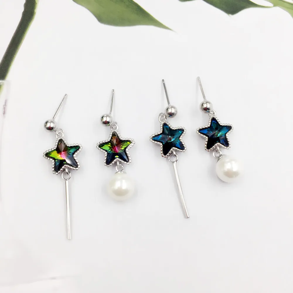 

Korean Fashion 925 Sterling Silver Crystal Asymmetric Earrings for Women Korean Simulated Pearl Star Drop Earring Jewelry