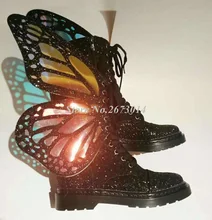 Spring Butterfly-knot Women Ankle Boots Round Toe Shinny Glitter Laser Rubber Boots Women Real Photo Flats Leather Ridding Boots luxury pom pom decor ankle boots lace up black leather ankle strap buckle round toe ridding boots flats women motorcycle boots