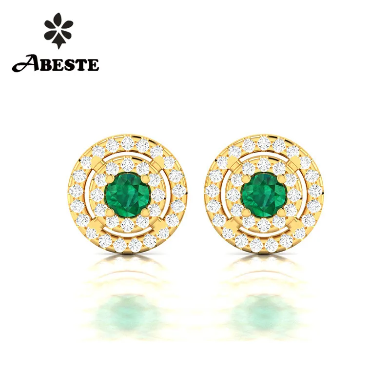

ANI 18K Yellow Gold (AU750) Women Diopside Stud Earrings 2 Halo Natural Diamond Earrings Engagement boucle d oreille Jewelry