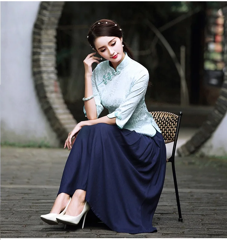 Women Chinese Shirt HanFu Wu Tang White Cotton Printing Plue Size Top Half sleeve