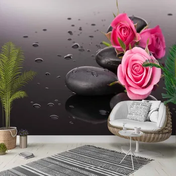 

Else Black Spa Stones Pink Roses Water Drops 3d Photo Cleanable Fabric Mural Home Decor living Room Bedroom Background Wallpaper