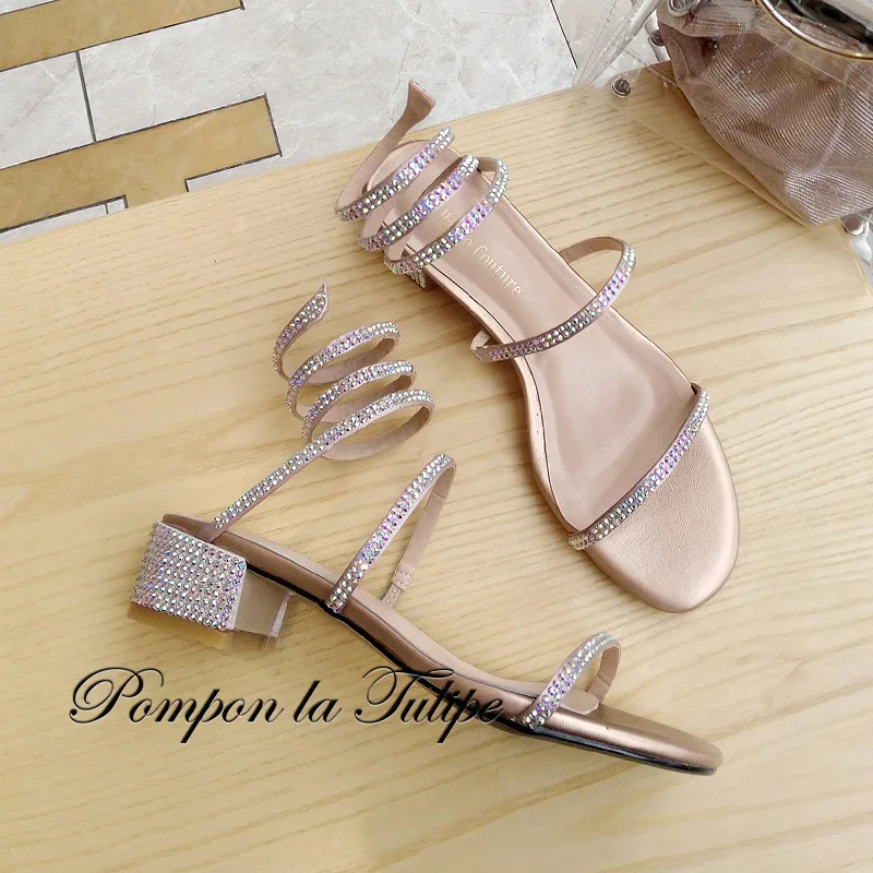 

BHS 901124 Chic Round Toe Silk 4CM Heels Rhinestone Genuine Leather Stylish Sandals Sheepskin Fashion Women Shoes Party Wedding