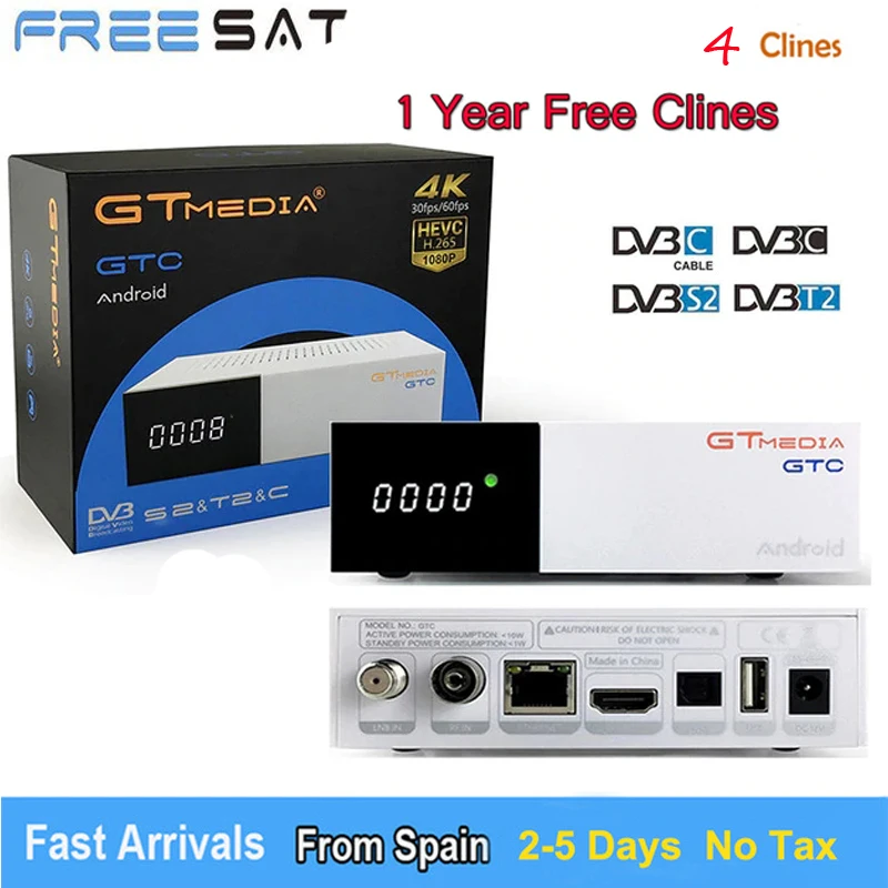 

Original FREESAT GTC Android 6.0 TV BOX DVB-S2/T2/Cable/ISDBT Amlogic S905D 2GB RAM 16GB ROM +1 Year Europe Cccam 4 Cline TV Box