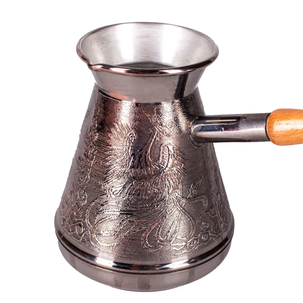 Beste Turk Koffie Koper Houten Gesneden Handvat Plated Tin. Volume 600 Ml.