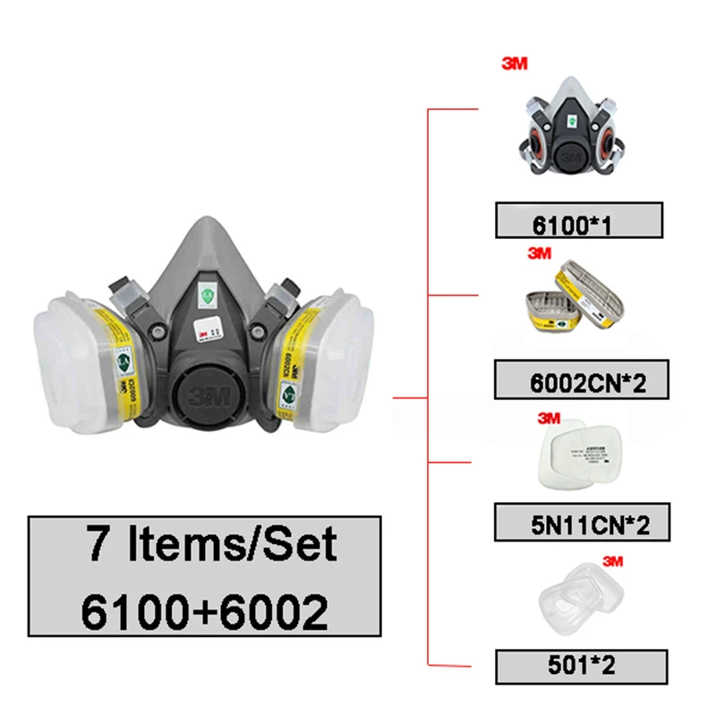 

3M 6100 +6002 Respirator Half-face Mask Small Size with 6002 Acid Gas Cartridges 7 Items for 1 Set LT069