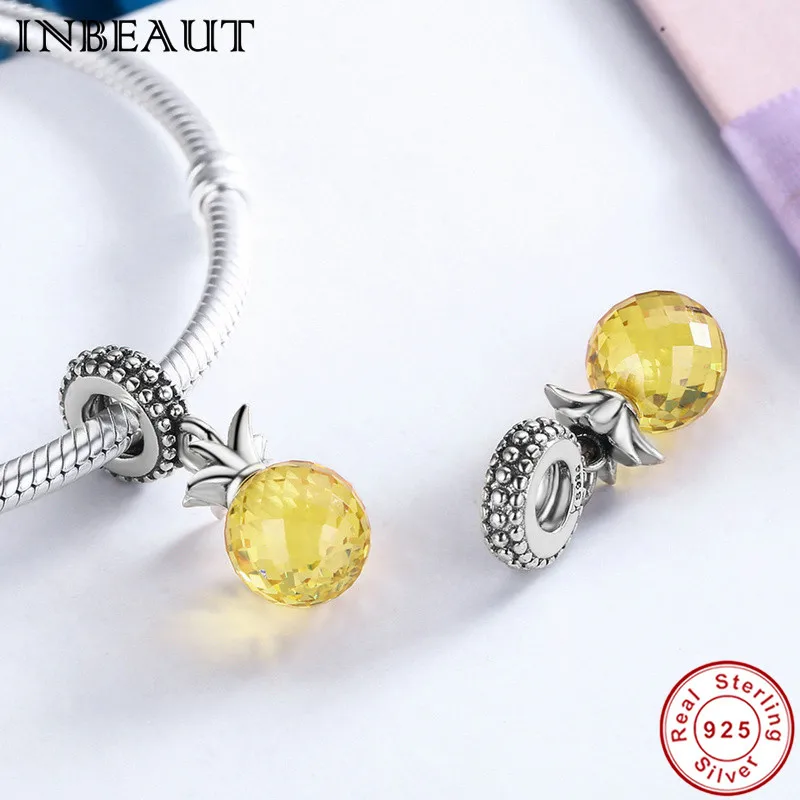 Тропические фрукты Шарм fit Pandora браслет Настоящее серебро 925 проба желтый кристалл милый кулон с ананасом бусины для ожерелье девушка
