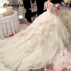 В винтажном стиле, с длинным рукавом свадебные платья с кружевной аппликацией бальное платье Свадебные платья Длинные невесты платье 2017