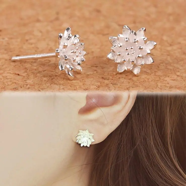 Women 925 Silver Ear Stud Lotus Flower Crystal Aquamarine Wedding Earrings 
