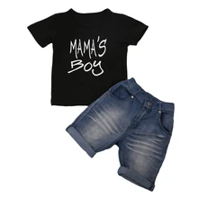 Лидер продаж; Модный комплект летней одежды для маленьких мальчиков; детская футболка с короткими рукавами и надписью; Топ; футболка; джинсовые шорты; комплект одежды
