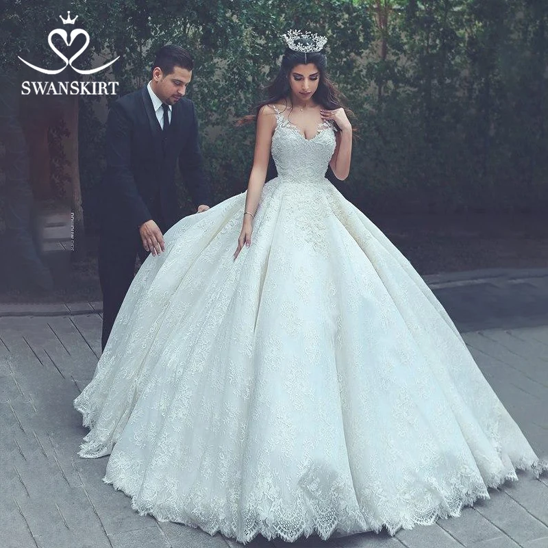 

Swanskirt Luxury Prom Ball Gown Wedding Dress 2019 Fashion Beaded Appliques Lace up Bridal Gown Princess Robe de mariee XZ01