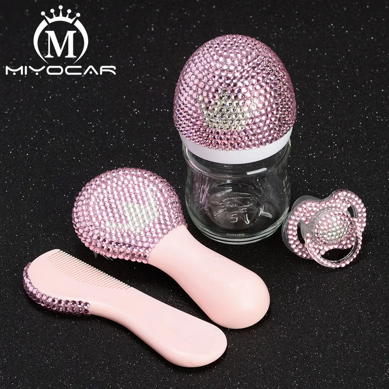 MIYOCAR beautiful set of safe Prince Princess baby comb,bling pink pacifier bling baby glass bottle ideal gift for baby shower