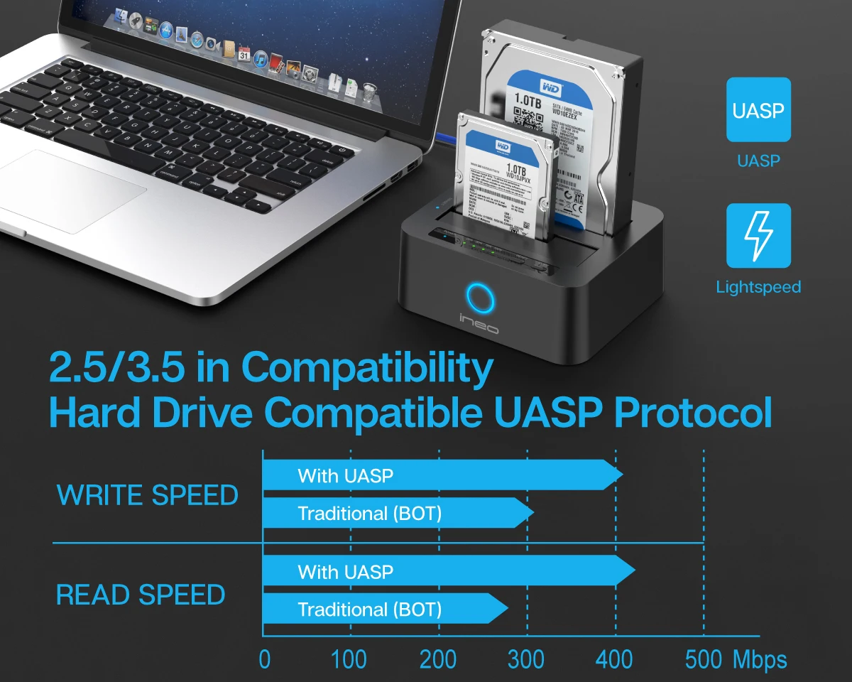 Ineo Dual HDD док-станция с автономным дубликатором для USB 3,0-2x2,5 и 3,5 дюймовый жесткий диск SSD [T3527-VIII]