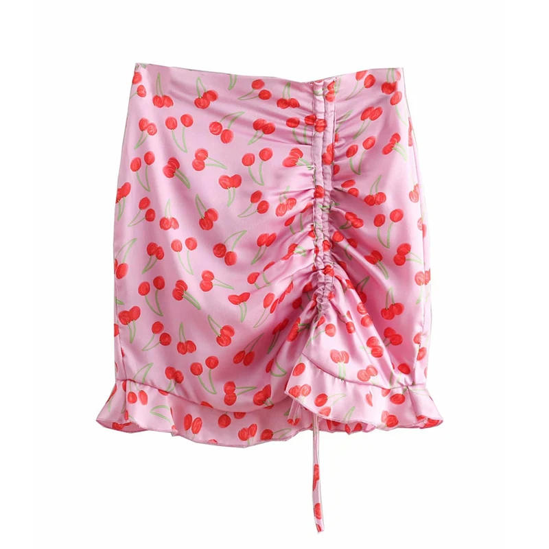 Шикарные атласные дамы Drawstring грубая юбка с взъерошенными подол вишня мини