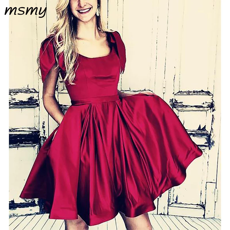Elegant Bow Shoulders Ruffles Satin Homecoming Dresses----