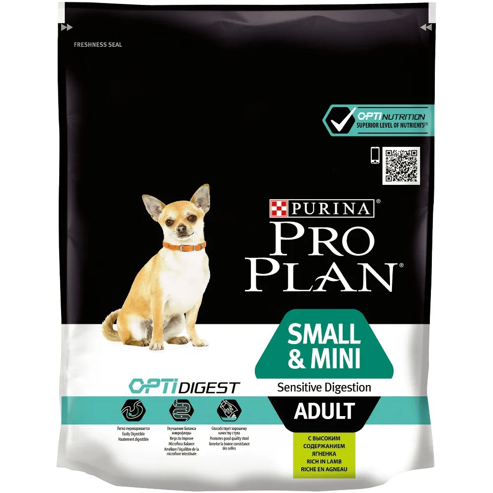 Корм для собак Purina Pro Plan, для взрослых собак мелких и карликовых пород с чувствительным пищеварением, с комплексом OPTIDIGEST®, с ягненком и рисом, 8 упаковок по 700 г