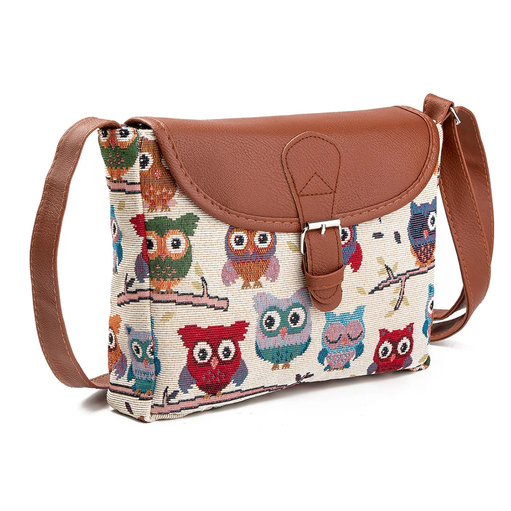 Women Messenger Bag Flap Cotton Cloth Cartoon Owl Cross Body Shoulder