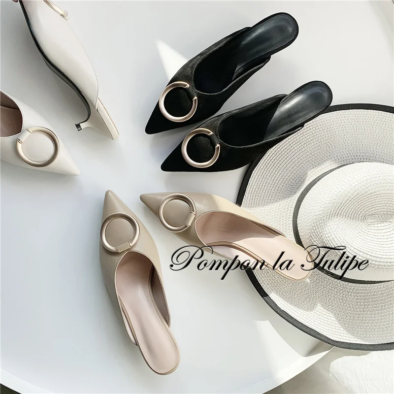 

BHS 901144 Chic Kid Suede 4CM Heels Stilettos Mules Genuine Leather Stylish Sandals Sheepskin Fashion Women Shoes Party Wedding