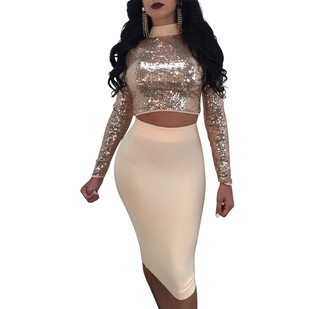 Aliexpress.com : Buy Fashion Long Sleeve Bodycon Sexy Evening Cocktail Paillette Bandage Skirt 