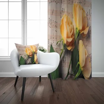 

Else Brown Vintage Music Notes Writen Yellow Roses 3D Print Living Room Bedroom Window Panel Curtain Combine Gift Pillow Case