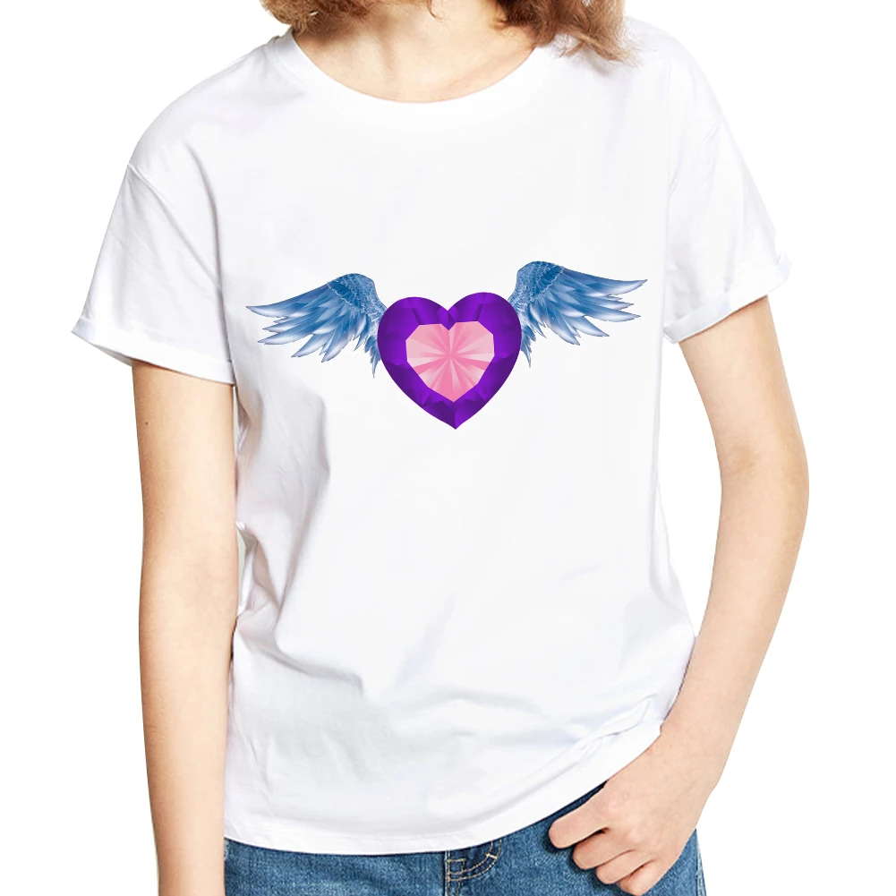 2017 Fashion T-Shirt Diamond Heart Wing O-Neck Short Sleeve summer Slim Top Women | Женская одежда