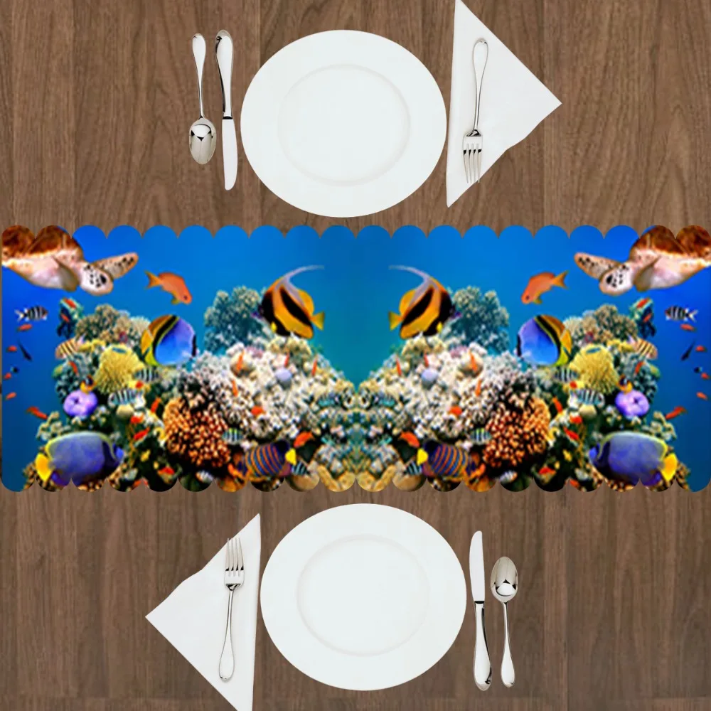 

Else Blue Under Sea Aquarium Tropical Yellow Fishes 3d Print Pattern Modern Table Runner for Kitchen Dining Room Tablecloth