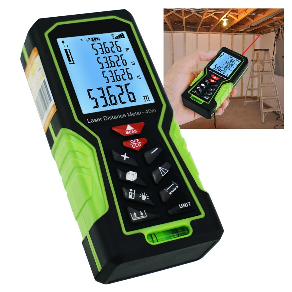 

40m (131ft) Digital Laser Distance Meter w/ Backlight & Spirit Bubble Level +/- 1mm accuracy Range Finder Area & Volume Meter