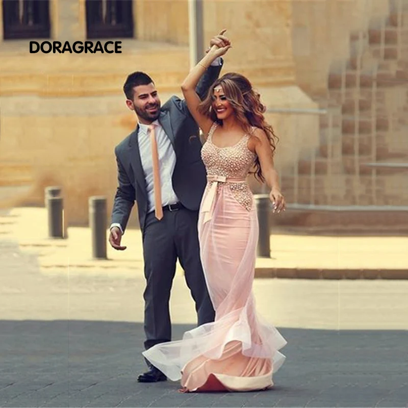 

robe de soiree Romantic Scoop Floor-Length Mermaid Tulle Pearls Prom Dress Evening Dresses DGE022