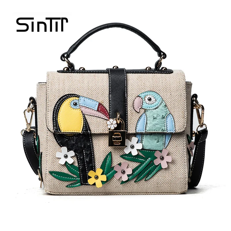 

Women's Weave Leather Shoulder Bags Female HandBags Famous Brands Designer Girls Linen Cross Body Floral Printing Women Bag Sac