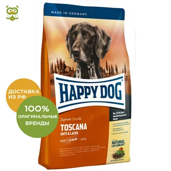 

Happy Dog Supreme Sensible Toscana food for adult dogs of all breeds prone to allergies, Duck and salmon, 1 kg.